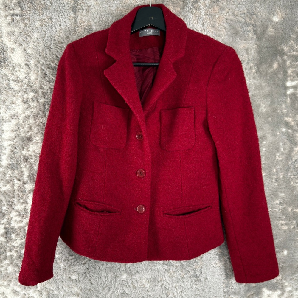 Kate Hill Petite Size 4p Wool Blend Button Front Blazer Jacket Red Long Sleeve‎